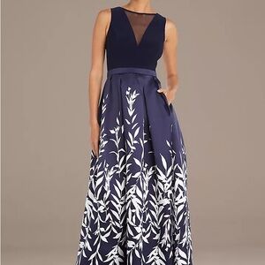 Size 16 NAVY BLUE ILLUSION BODICE LEAF PRINT BALL GOWN W/POCKETS Dress Wedding